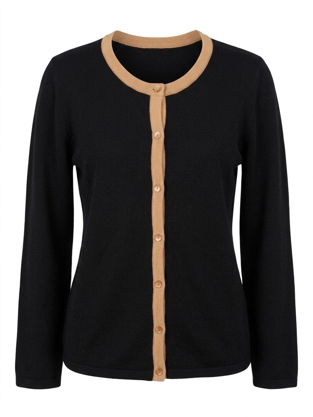 Laura Scott Petite Black Sweater with Tan Stripe Trim